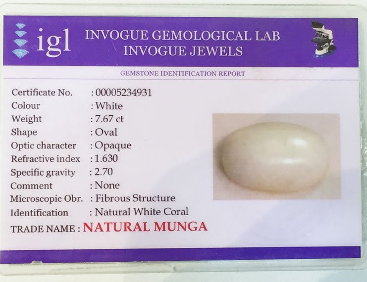 8.50 ratti/7.67 ct Natural Certified  White Coral/सफ़ेद मूंगा